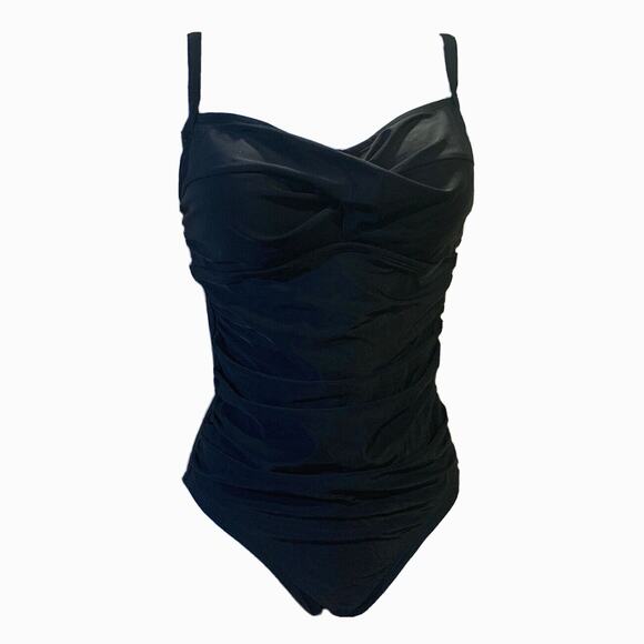 Merona One Piece Swimsuit Womens Medium Deep Black Spaghetti Straps Side Ruching - Picture 1 of 9